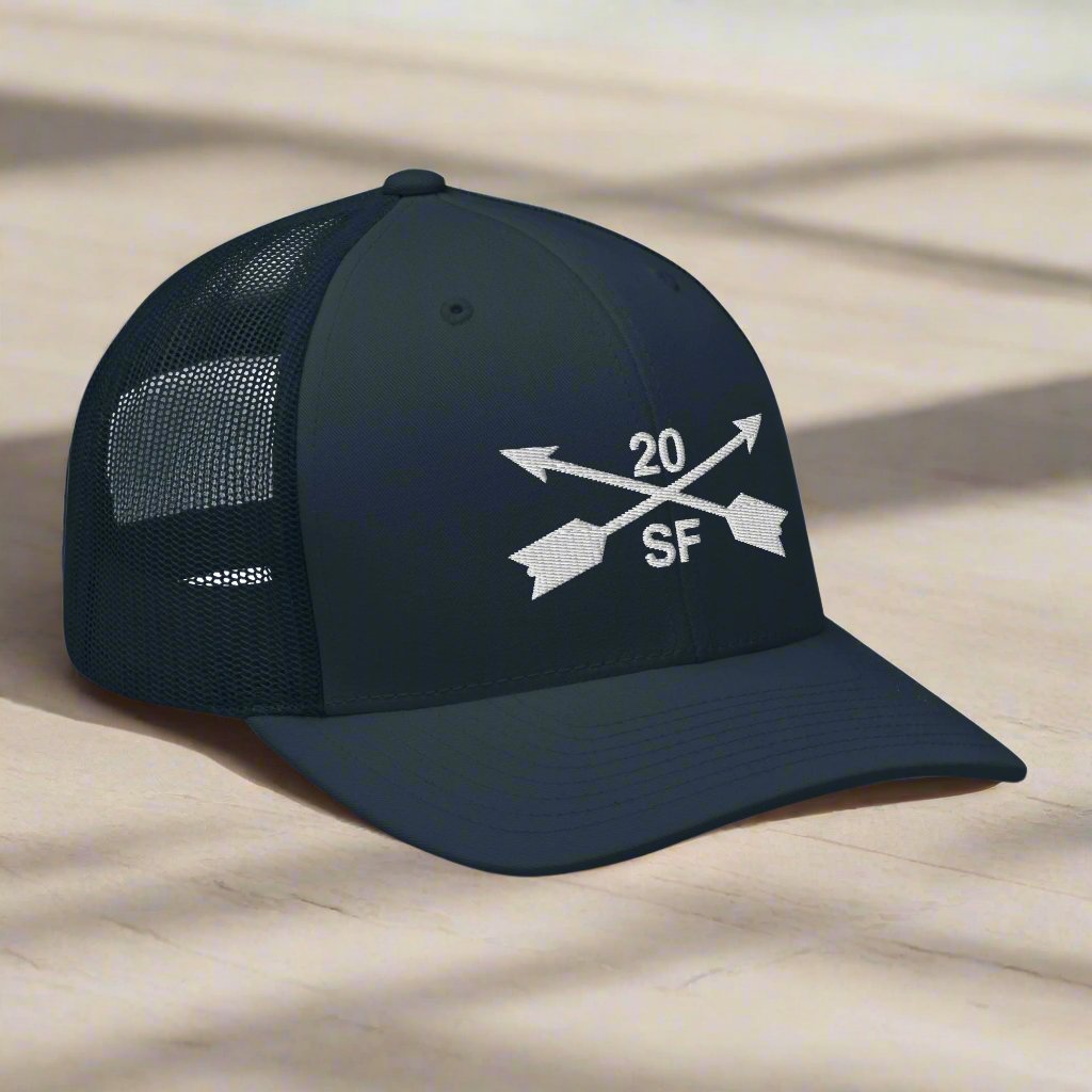 20th special forces group embroidered trucker hat. Embroidery design of two crossed arrows with a 20 above and SF below.