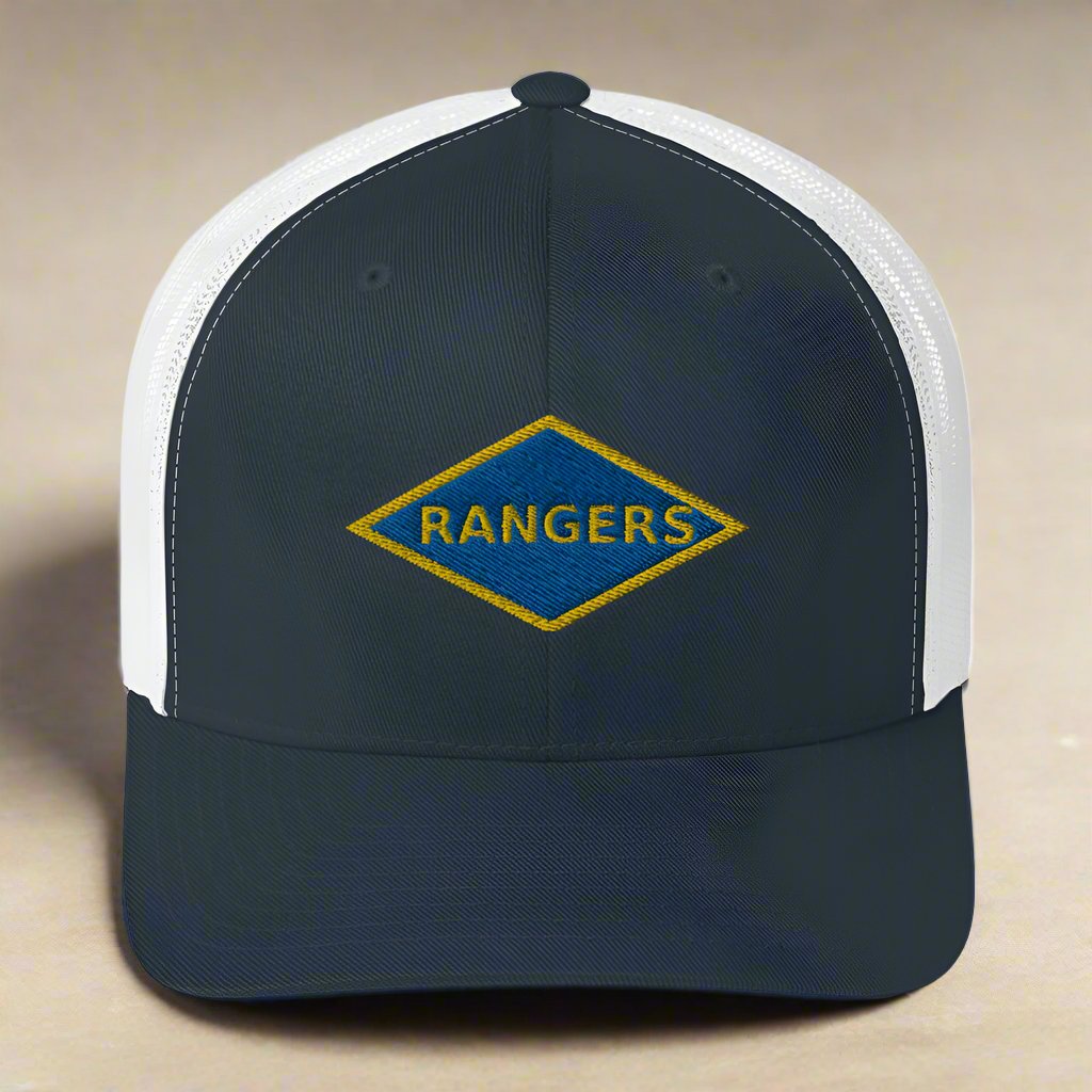 World War 2 blue ranger diamond embroidered on a snapback trucker hat.