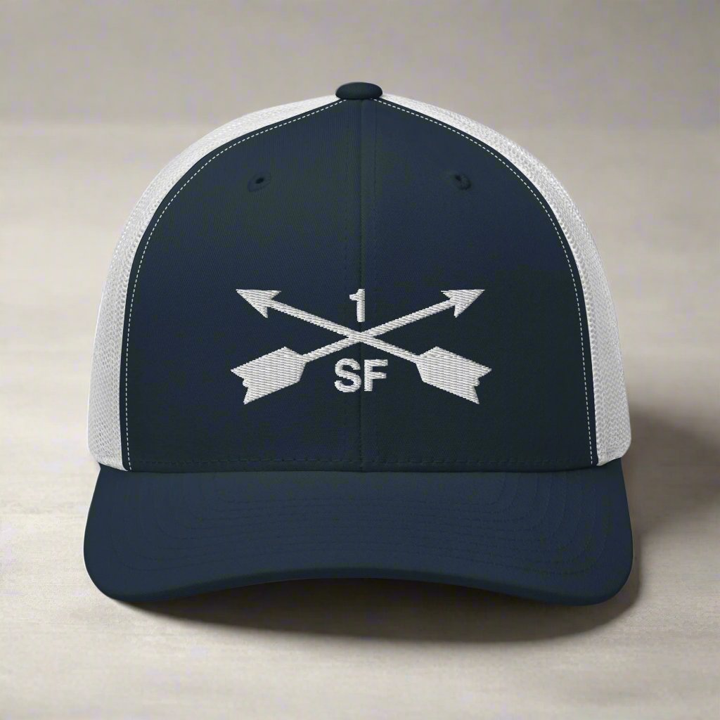 1st special forces group embroidered trucker hat with two crossed arrows and the 1 above and SF below.