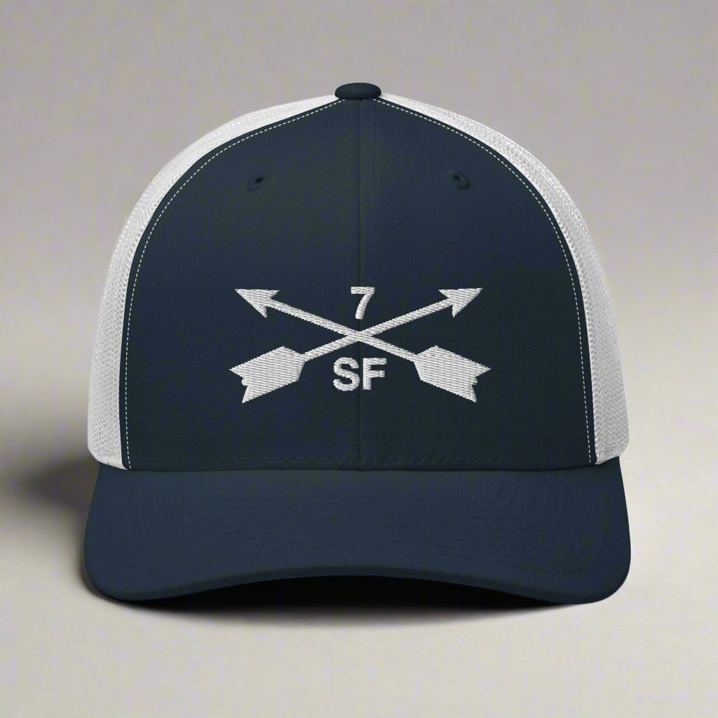 7th special forces group embroidered trucker hat. Embroidery design of two crossed arrows with a 7 above and SF below.