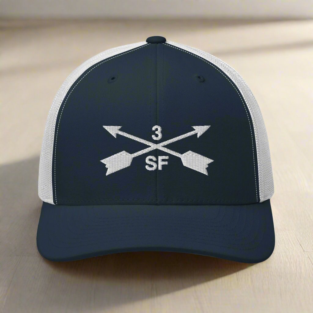 3rd special forces group embroidered trucker hat. Embroidery design of two crossed arrows with a 3 above and SF below.