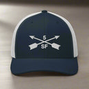 5th special forces group embroidered trucker hat. Embroidery design of two crossed arrows with a 5 above and SF below.