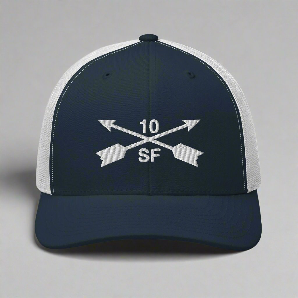 10th special forces group embroidered trucker hat. Embroidery design of two crossed arrows with a 10 above and SF below.