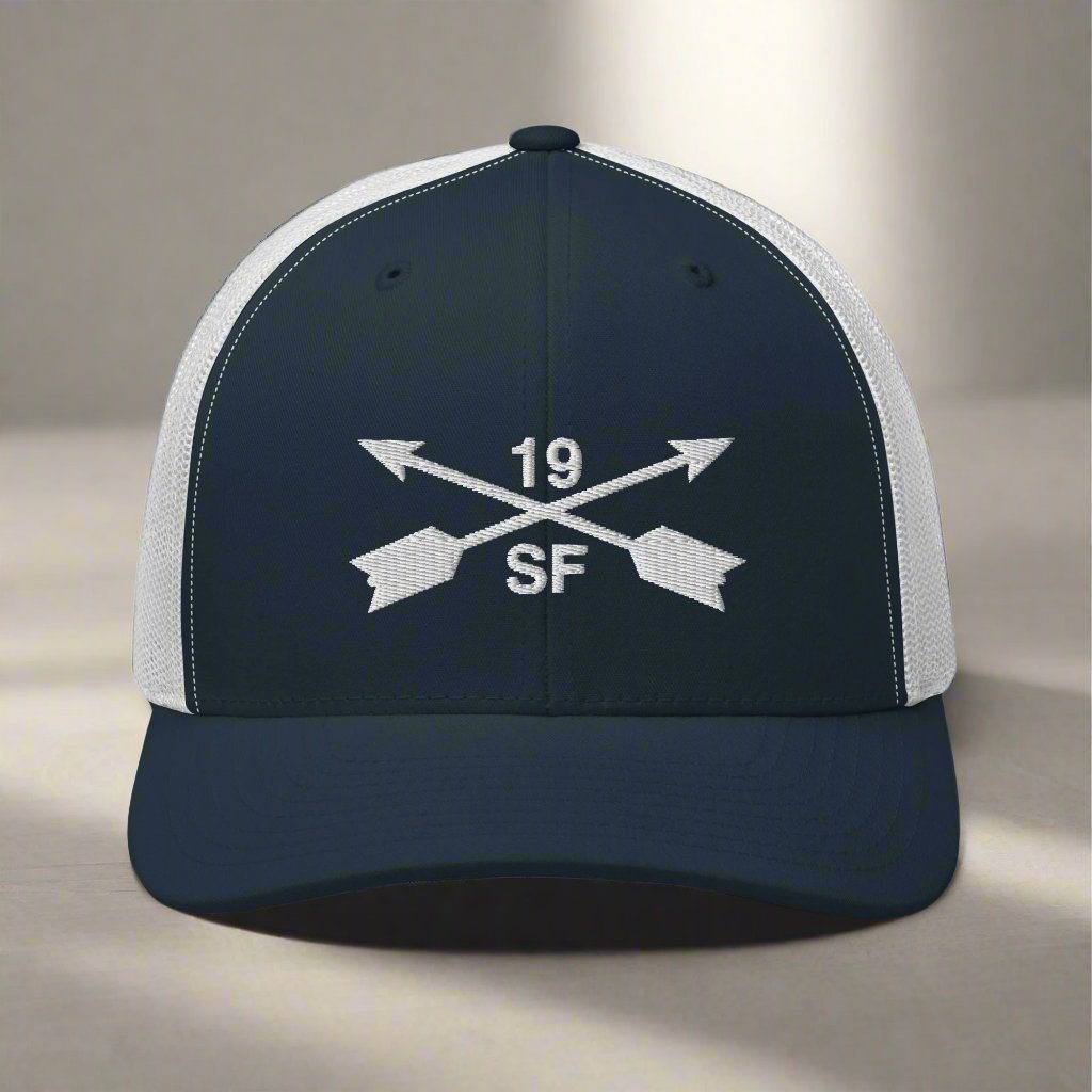 19th special forces group embroidered trucker hat. Embroidery design of two crossed arrows with a 19 above and SF below.