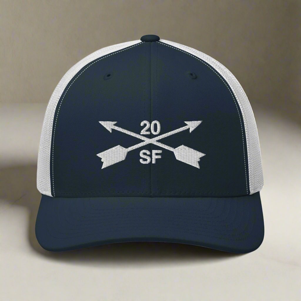 20th special forces group embroidered trucker hat. Embroidery design of two crossed arrows with a 20 above and SF below.