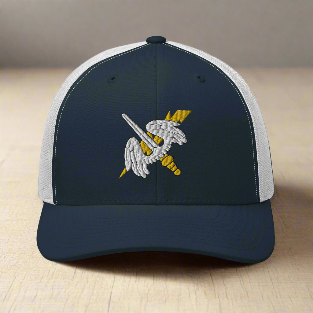 158th aviation regiment insignia on a snapback trucker hat.