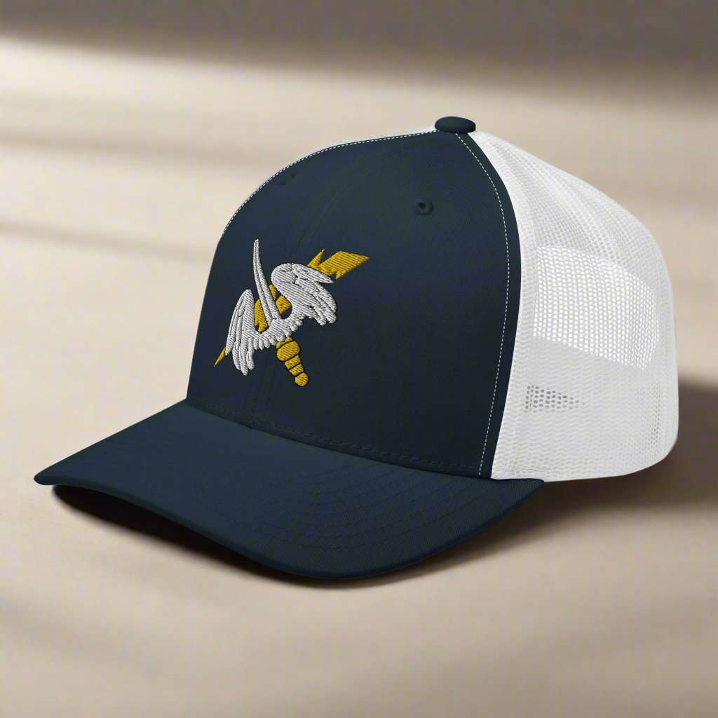 158th aviation regiment insignia on a snapback trucker hat.