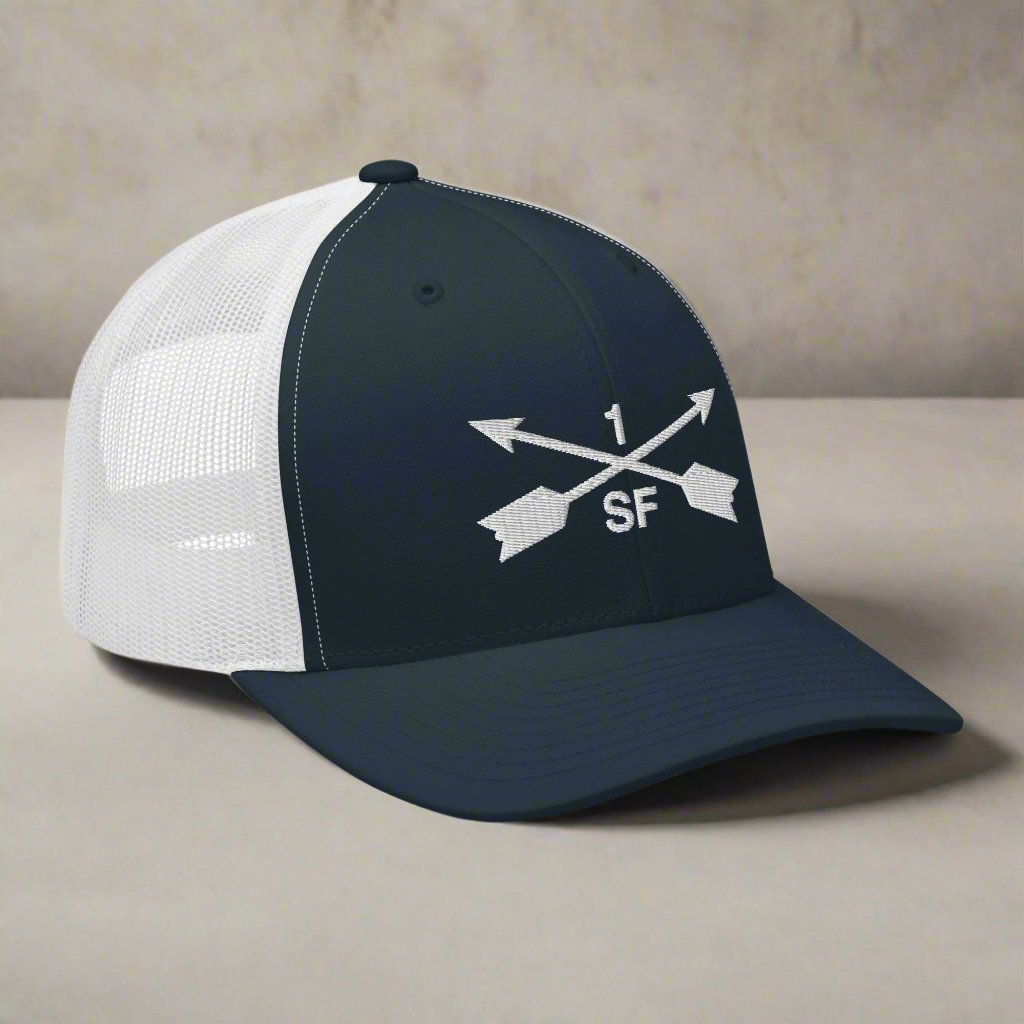 1st special forces group embroidered trucker hat with two crossed arrows and the 1 above and SF below.