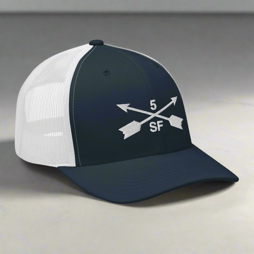 5th special forces group embroidered trucker hat. Embroidery design of two crossed arrows with a 5 above and SF below.