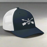 5th special forces group embroidered trucker hat. Embroidery design of two crossed arrows with a 5 above and SF below.