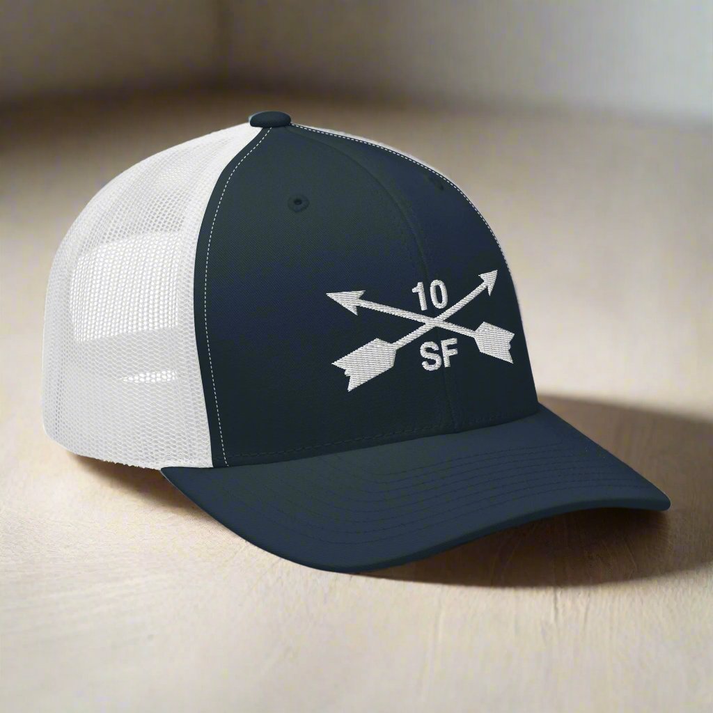 10th special forces group embroidered trucker hat. Embroidery design of two crossed arrows with a 10 above and SF below.