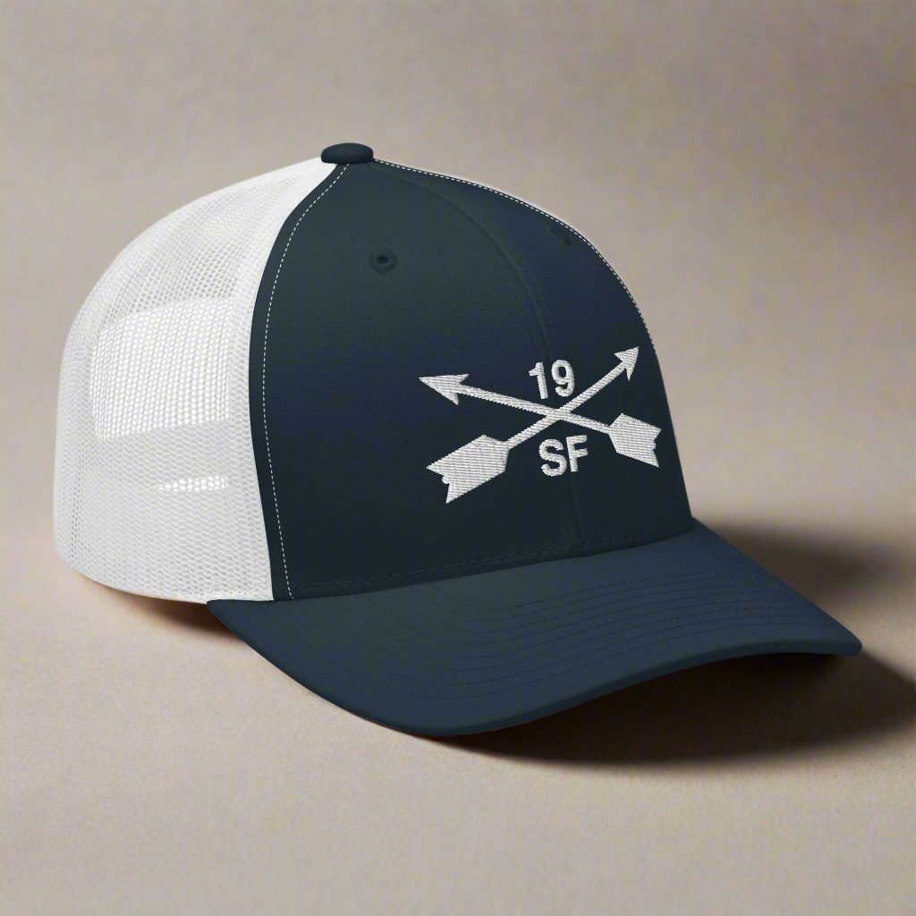 19th special forces group embroidered trucker hat. Embroidery design of two crossed arrows with a 19 above and SF below.