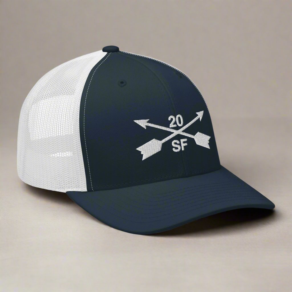 20th special forces group embroidered trucker hat. Embroidery design of two crossed arrows with a 20 above and SF below.