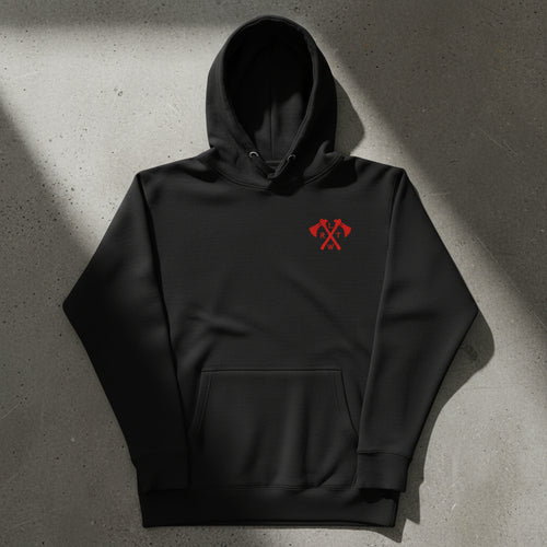 black pullover hoodie with army rangers rltw crossed tomahawks design on the left chest. 