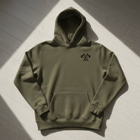 military green pullover hoodie with army rangers rltw crossed tomahawks design on the left chest. 
