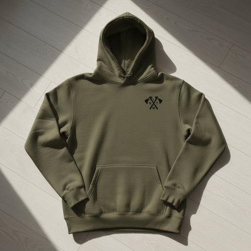 military green pullover hoodie with army rangers rltw crossed tomahawks design on the left chest. 