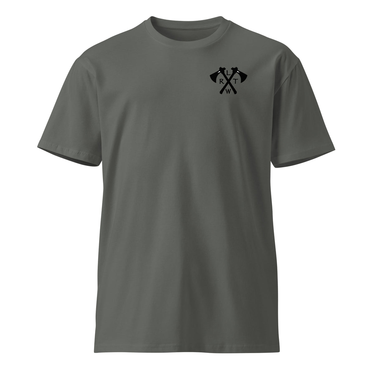 gray t-shirt with army rangers rltw tomahawk design on the left chest 