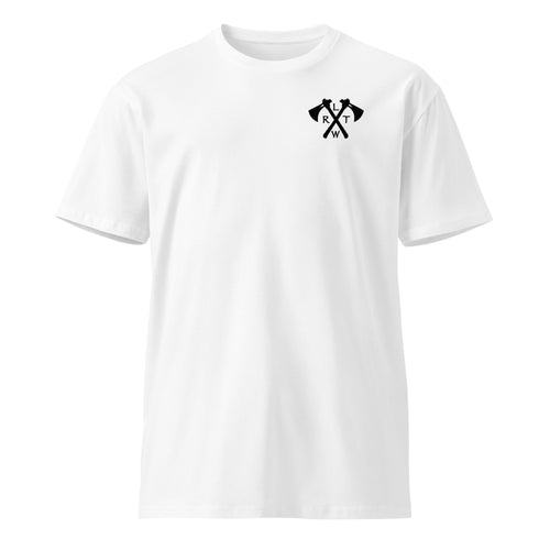 white t-shirt with army rangers rltw tomahawk design on the left chest 