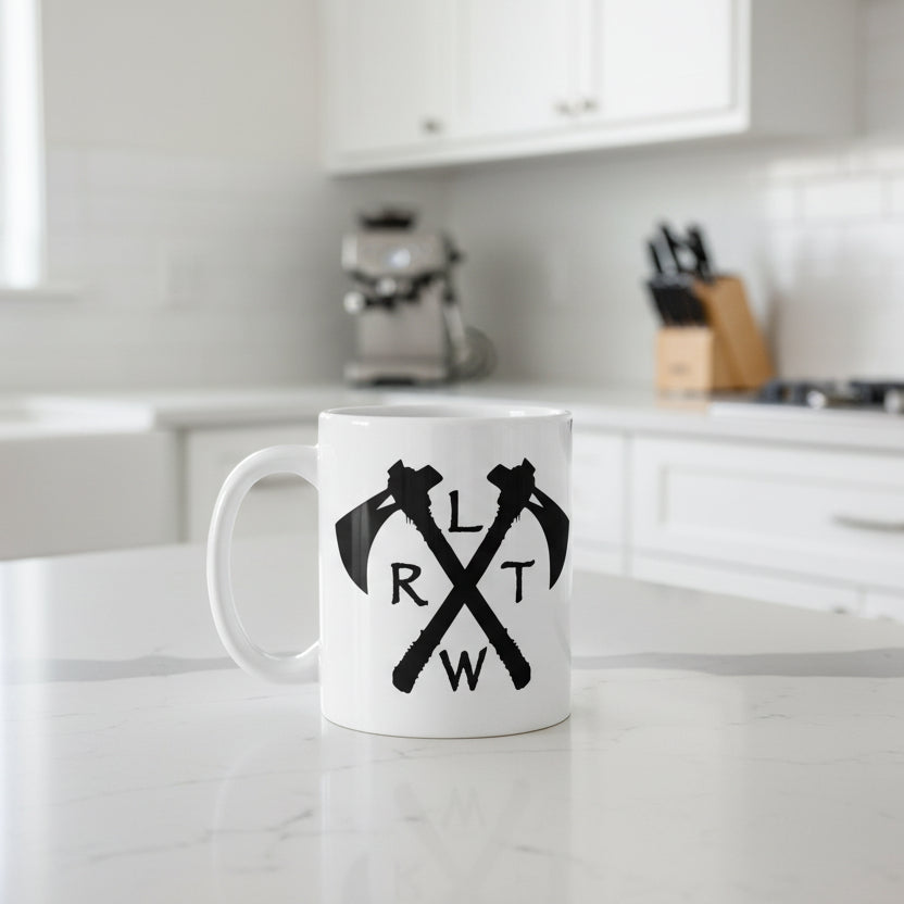 11oz white coffee mug with army rangers rltw and tomahawk design