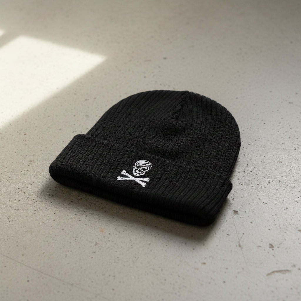 ribbed knit beanie with skull and crossbones 