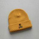 ribbed knit beanie with skull and crossbones 