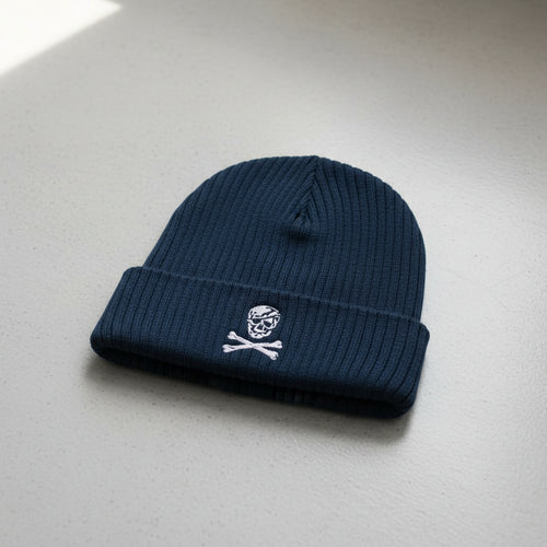 ribbed knit beanie with skull and crossbones 