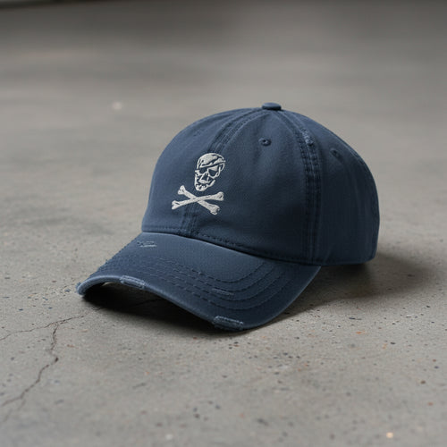 distressed dad hat with skull and crossbones logo