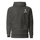 black hoodie with skull and crossbones design on the left chest