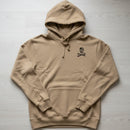 khaki hoodie with skull and crossbones design on the left chest
