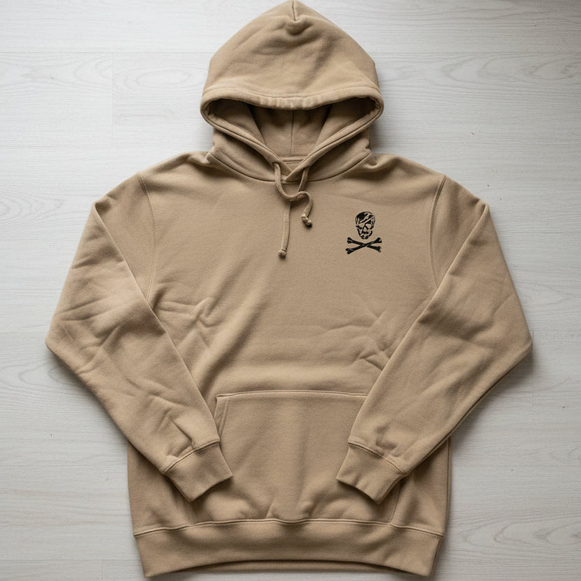 khaki hoodie with skull and crossbones design on the left chest
