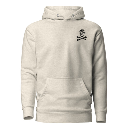 black hoodie with skull and crossbones design on the left chest