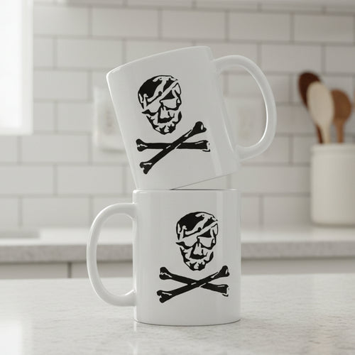 11oz white coffee mug with skull and crossbones design