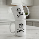 15oz white coffee mug with skull and crossbones design