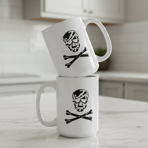 15oz white coffee mug with skull and crossbones design