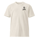 bone colored t-shirt with skull and crossbones on the left chest