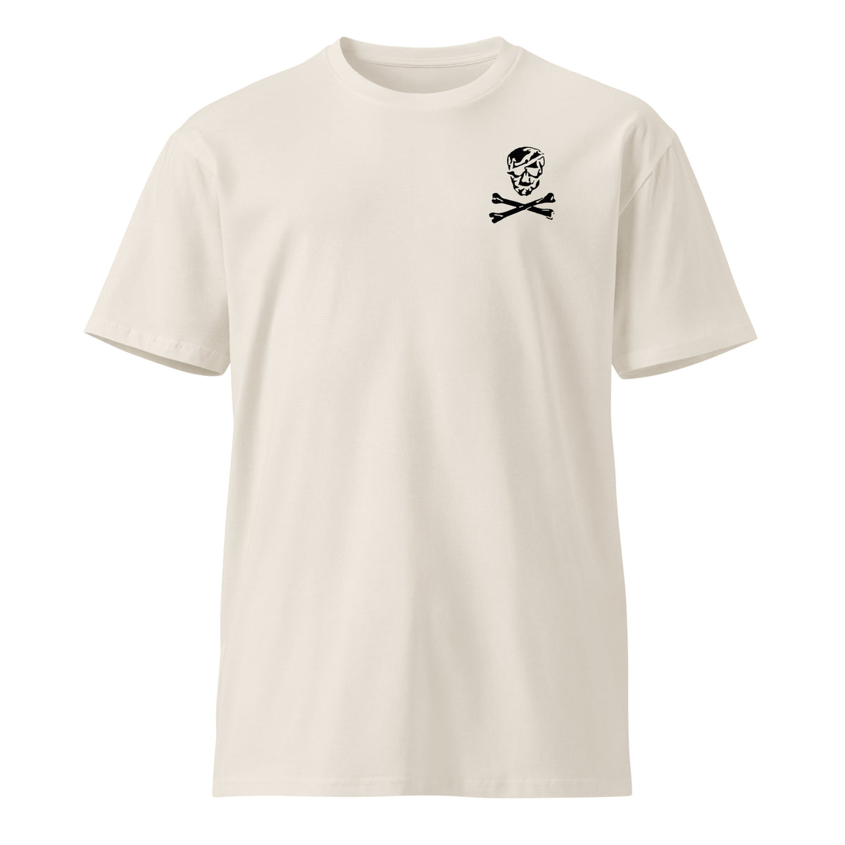 bone colored t-shirt with skull and crossbones on the left chest