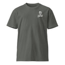charcoal t-shirt with skull and crossbones on the left chest
