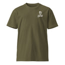 green t-shirt with skull and crossbones on the left chest