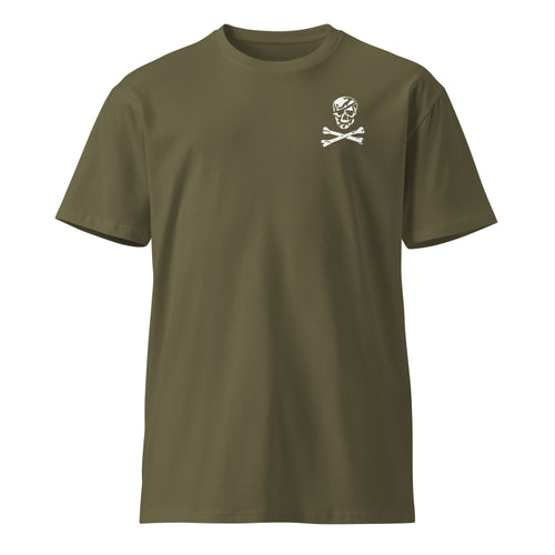 green t-shirt with skull and crossbones on the left chest