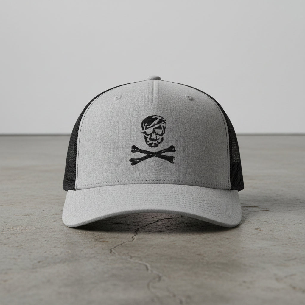 gray snapback trucker hat with embroidered skull and crossbones 