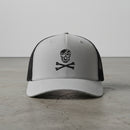 gray snapback trucker hat with embroidered skull and crossbones 