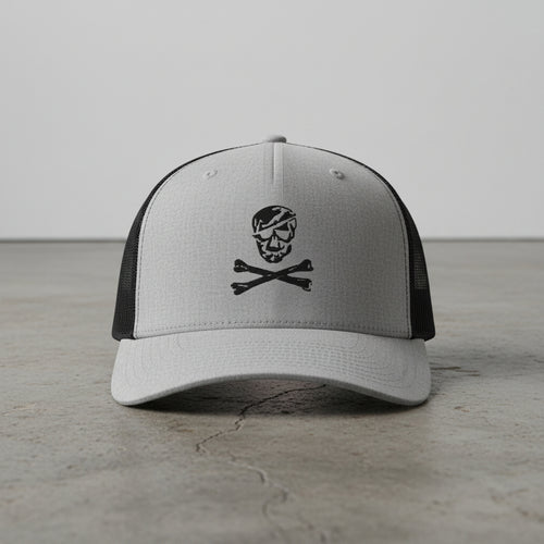 gray snapback trucker hat with embroidered skull and crossbones 