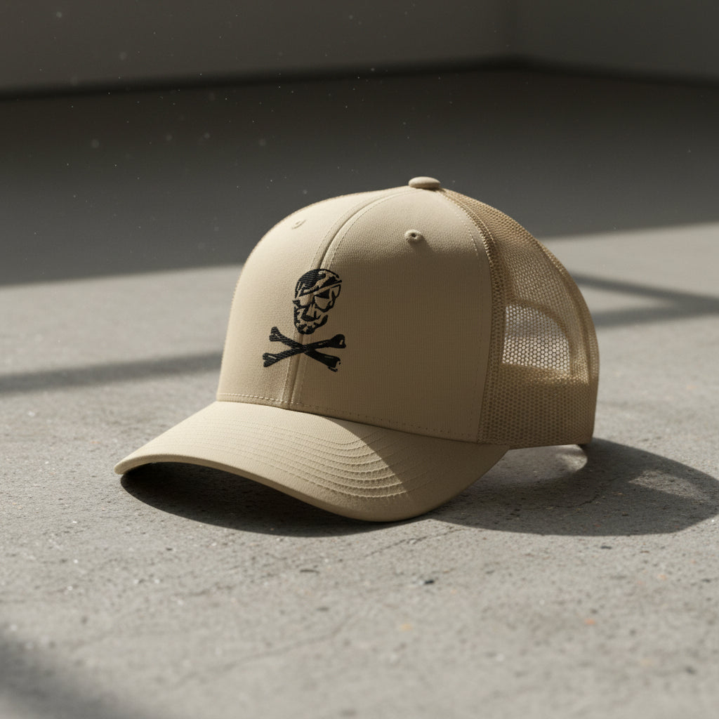 khaki snapback trucker hat with embroidered skull and crossbones 