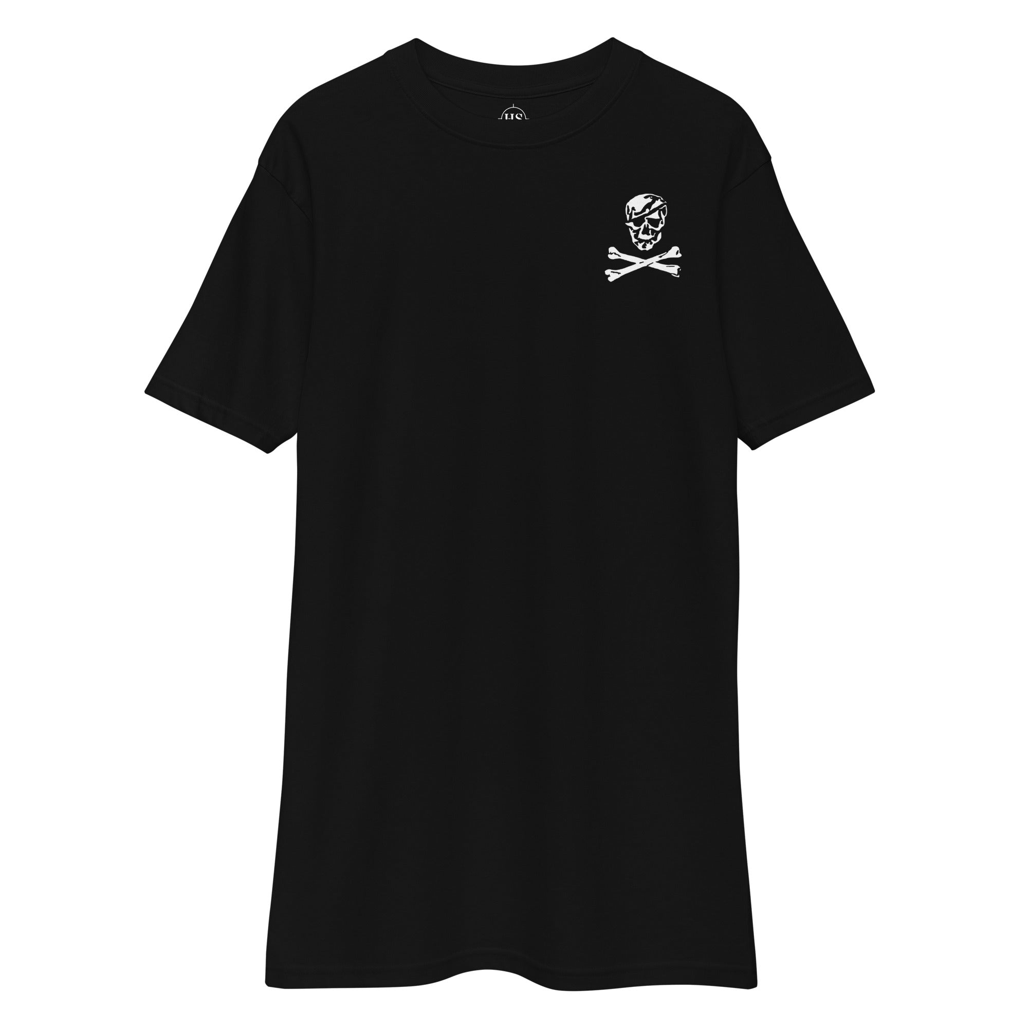 black t-shirt with skull and crossbones design on the left chest