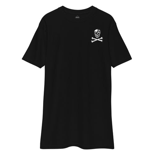 black t-shirt with skull and crossbones design on the left chest