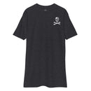 charcoal t-shirt with skull and crossbones design on the left chest