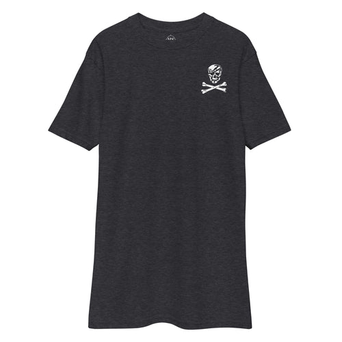 charcoal t-shirt with skull and crossbones design on the left chest
