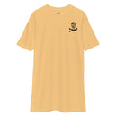gold t-shirt with skull and crossbones design on the left chest