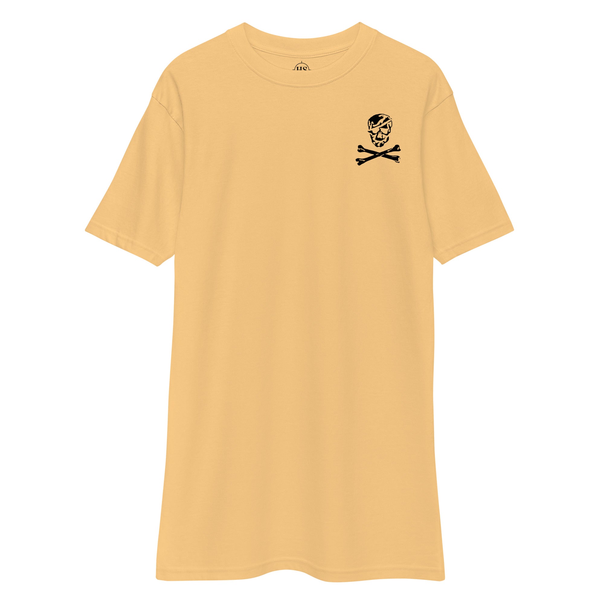 gold t-shirt with skull and crossbones design on the left chest
