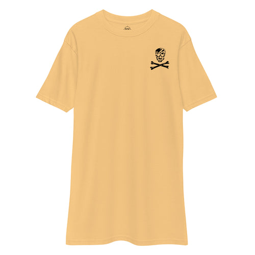 gold t-shirt with skull and crossbones design on the left chest